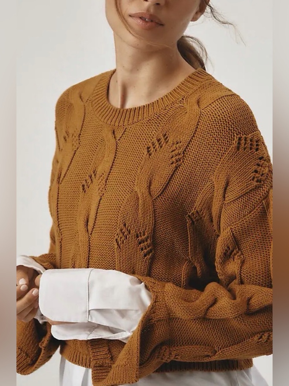 EUC Pilcro Anthropologie Oversized Cable Twofer Layered Sweater in Cognac Brown